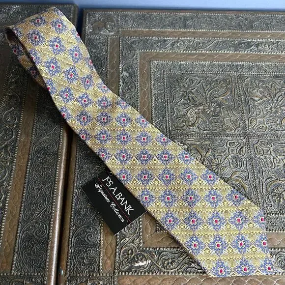 Jos A Bank tie metallic gold NWT diamond pattern silk luxury Signature - Picture 8 of 9